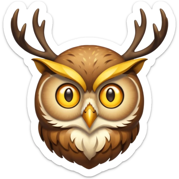 Emoji chouette perchée brun clair, yeux jaunes brillants,bois de cerf imposants sur la tête, sagesse et puissance. Avec majesté sticker