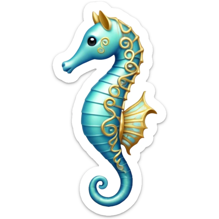 Cinematic Noble Sea Horse Portrait Emoji, Poised and elegant, with a delicate, upright body adorned with intricate, flowing patterns and a gracefully curled tail, with keen, expressive eyes, Simplified yet sharp and sophisticated features, highly detailed, glowing with a soft, aquatic luminescence, high shine, intelligent and refined, stylized with an air of ethereal marine grace, focused and poised, soft glowing outline, capturing the essence of a watchful and confident sea guardian that appears ready to drift out of the screen with effortless authority! sticker