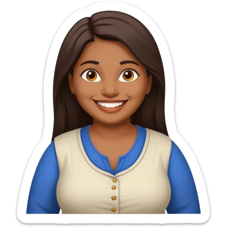 40 yr old chubby Sri Lankan woman, dark skin, straight brown hair, big smile, white teeth, european clothes, longer hair sticker