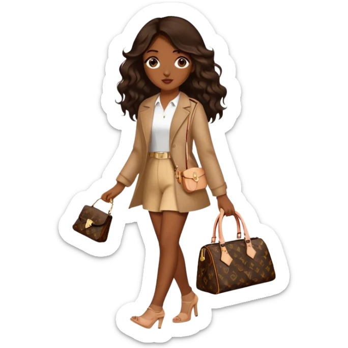  Brown girl with long dark brown medium wavy hair carrying a Louis Vuitton purse on her arm while walking  sticker