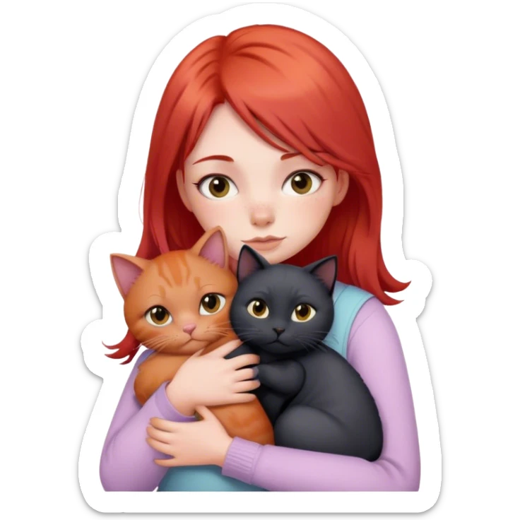 
a girl with red hair in pastel clothes hugs a black British cat sticker