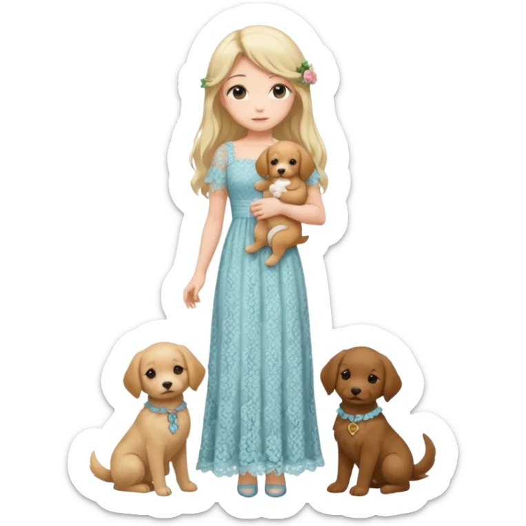 Pastel anime lady long hair with long lace dress full body holding puppy sticker