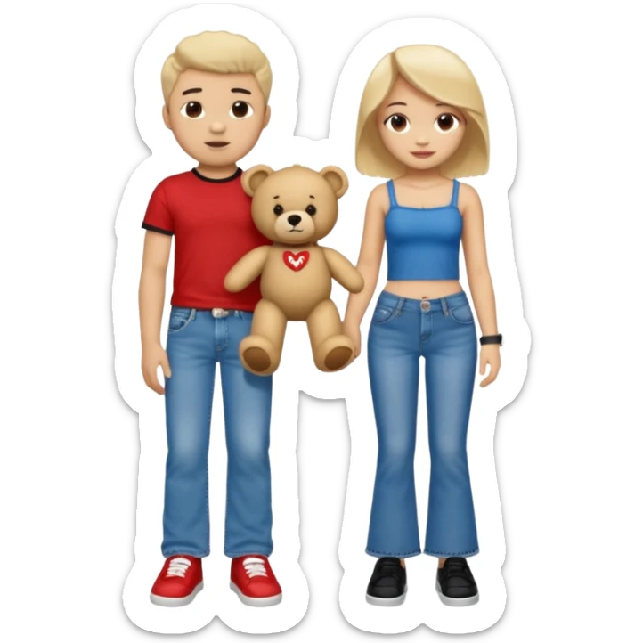 A boy and a girl teddy bear for the boy bear put on true religion shirt and jeans with black shoes and for the girl put flare jeans and a red tube top and white shoes just bears not the humans  sticker