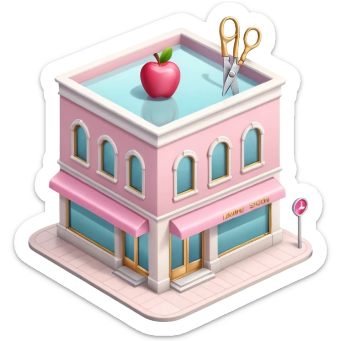 A high-quality 3D emoji of a luxury beauty salon building. The design is isometric, featuring a soft pink and white facade with a large glass storefront. Include a small golden scissors and a lipstick icon on the signage above the door.Apple emoji style, sticker