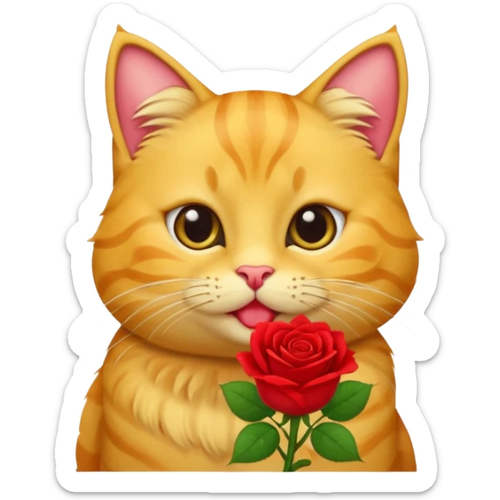 Cute emoji-style yellow tabby cat holding a red rose in its mouth, big round eyes, fluffy fur, clean mascot style, centered, transparent background, 1:1 ratio. sticker