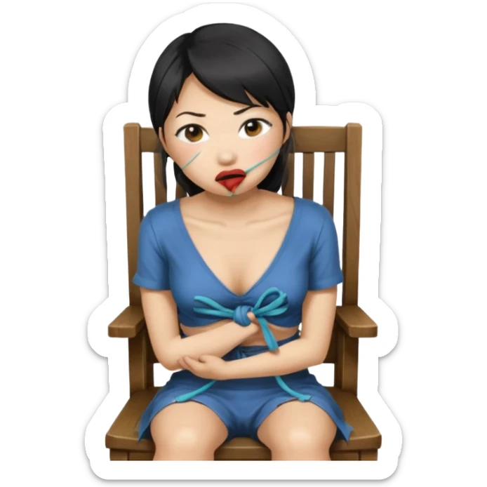 An asian woman, tied to a chair and ballgagged sticker