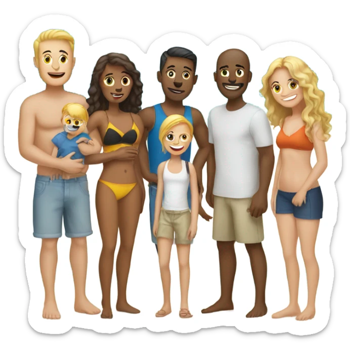 white family with 11 people at beach 4 men 3 women 4 kids sticker