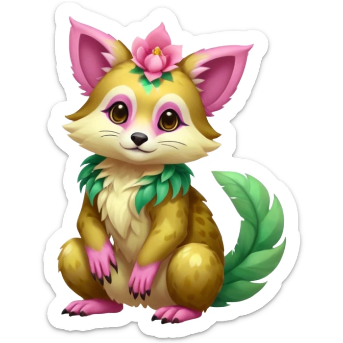 Colorful brown with rose-pink, yellow-beige-cream, jade-green tropical exotic shiny beautiful fantasy-Vernid-Cacomistle-animal-Fakémon-hybrid-fursona (full body) sticker