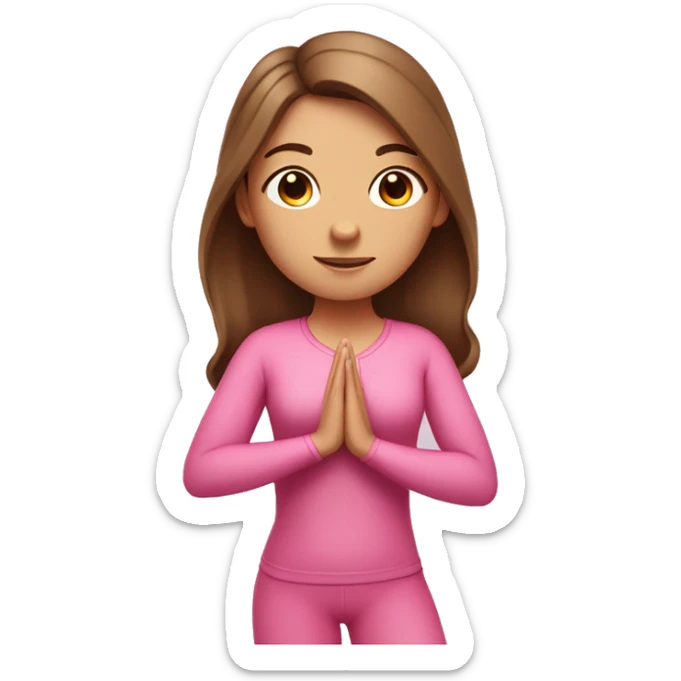 A girl with brown long hair and fair skin stands in a yoga pose in a pink suit sticker