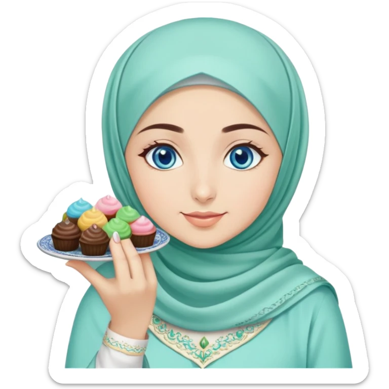 Turkish beautiful finish Konya girl blue eyes with mint hijab islamic dress and had on her hand text Eid Mubarak with sweets and celebrating with her friends eid days   sticker