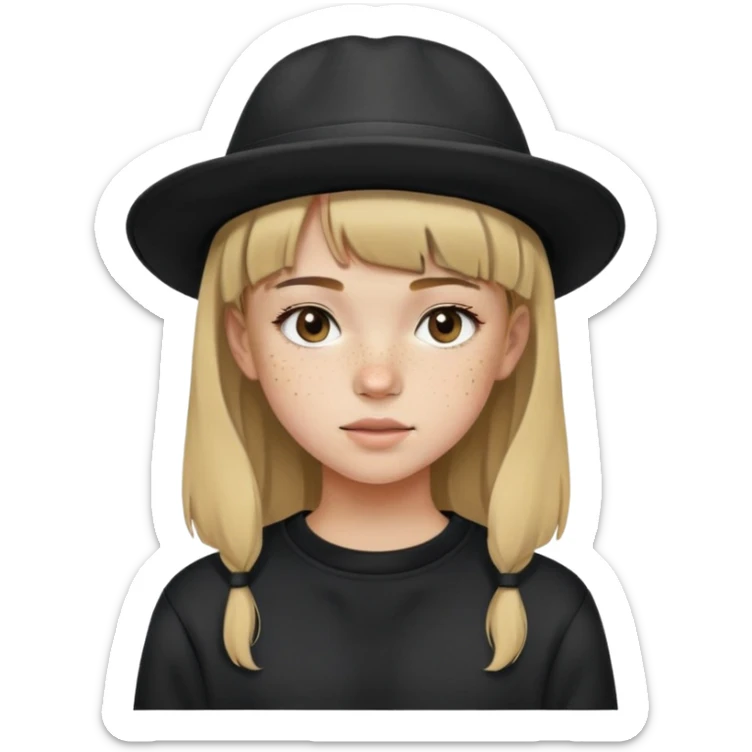 Girl with smallbangs and dirty blonde hair wearing a black hat and black sweatshirt with freckles sticker