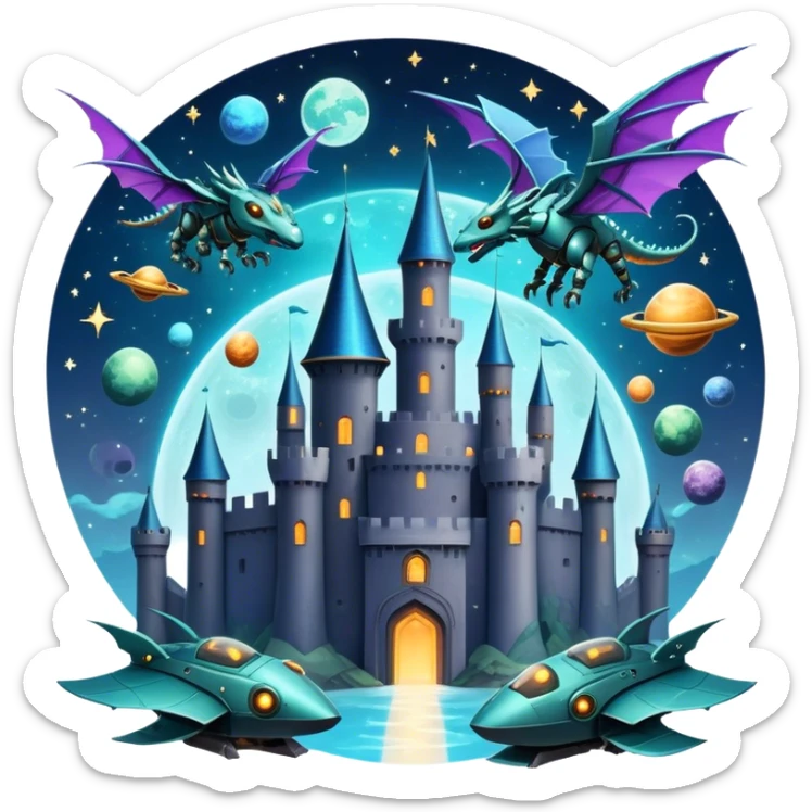 Icon for Fantasy and Sci-Fi Movies: A magical collage with flying dragons. futuristic spaceships and UFOs. Stars and planets shimmer in the background with a mystical castle Hogvards an ancient wizard and robots. The atmosphere is epic, otherworldly and adventurous. Transparent background. sticker