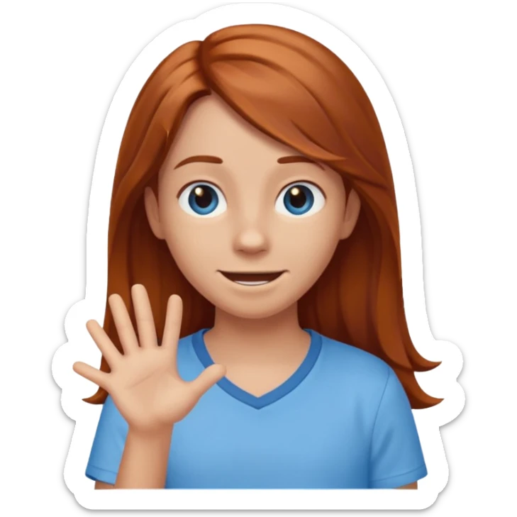 shrugging happy emoji tween long auburn hair light blue shirt with a darker blue L sticker