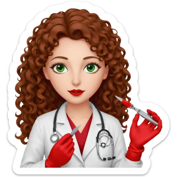 Lilith scalpel sexy evil woman. She has green eyes.  had brown long curly hair.  evil surgeon kills holding scalpel.  wears sexy doctor coat with red gloves. Covers nose, neck  and mouth with Muslim red berka sticker