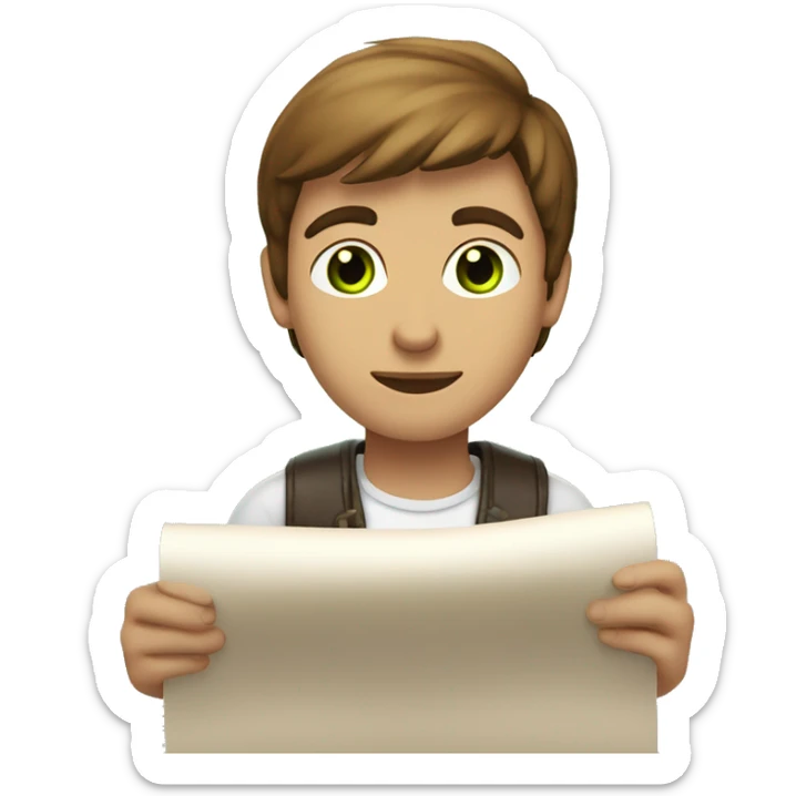 a light-skinned green-eyed man with brown hair sitting in front of the long white paper scroll sticker