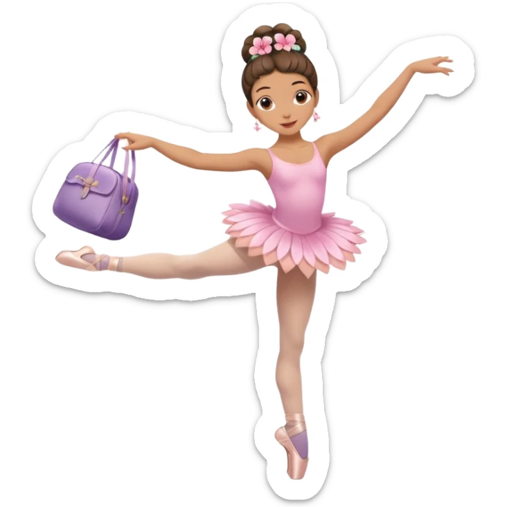 girl with a Hawaiian flower in her hair, wearing ballet pointe shoes, doing ballet with a bag sticker