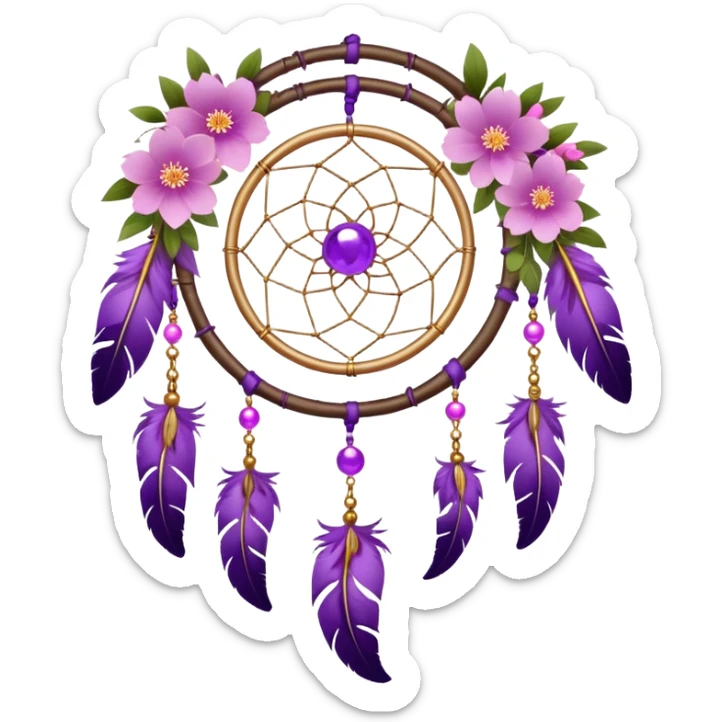A white-wooden-circle-framed Dreamcatcher. with purple-round-orbs, gold-rings hanging down. purple flowers, pink sakura flowers, sticker