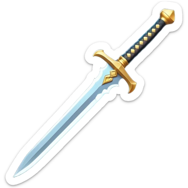 Clash of Clans aesthetic: Cinematic Playful Sword Emoji, rendered in a 3D vector-style similar to standard emojis with minimal shading and bold, simplified shapes. A compact, isometric blade with a gleaming, intricately designed hilt and a razor-sharp edge, softly glowing with a heroic, battle-ready charm. Simplified yet unmistakably iconic, highly detailed and consistent, glowing with a soft radiant brilliance and high shine. Stylized with a touch of medieval finesse and a soft glowing outline, capturing the essence of a legendary sword with a friendly, playful vibe! sticker