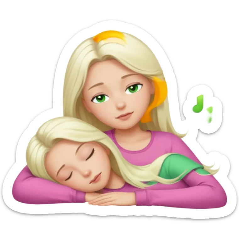 Long platinum blonde hair girl with green eyes in  pink top sleeping  sticker