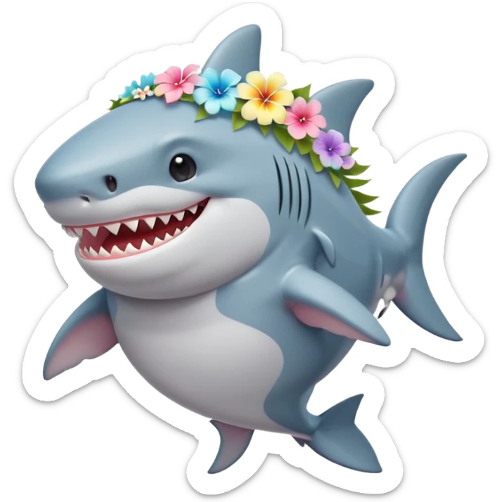 A cute chubby shark with hawaii pastel flower necklace and hawaiian flower crown, posing proudly. sticker