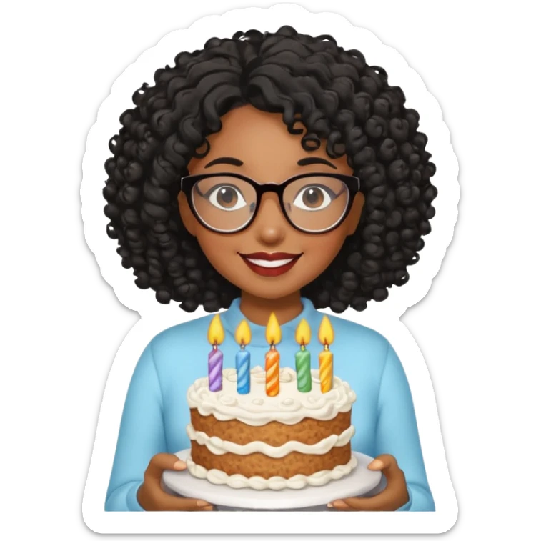 A Black woman with curly black hair and glasses holding a birthday cake sticker