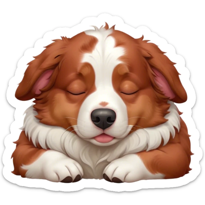 Cinematic Chubby Sleeping Red and White Merle Australian Shepherd Portrait Emoji, Chubby and serene, with a round, adorable build and a striking red and white merle coat, eyes gently closed in peaceful slumber, Simplified yet irresistibly endearing features, highly detailed, glowing with a gentle, dreamy glow, high shine, relaxed and content, stylized with a touch of whimsy, bright and heartwarming, soft glowing outline, capturing the essence of a blissfully sleepy herder, so comically serene it feels like it could roll out of the screen and snore with adorable charm! sticker