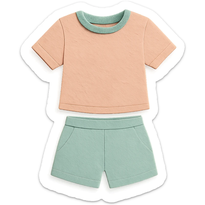 illustration of a women's short and tee shirt set in pastel colors in paper-craft style sticker