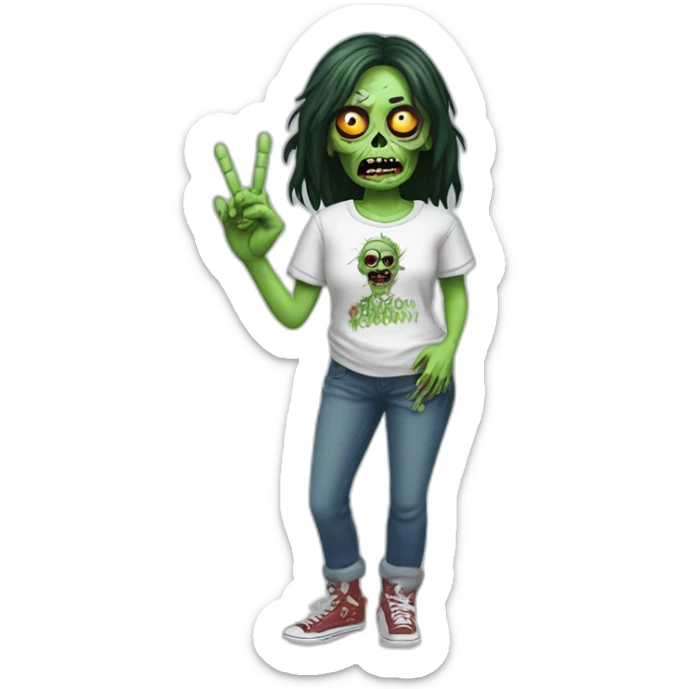 A Zombie Wearing a t-shirt with the text "Miss Bourbon" and making the peace sign sticker