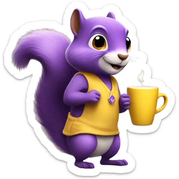 purple animated squirrel in a yellow dress with a large mug of coffee in its paws sticker