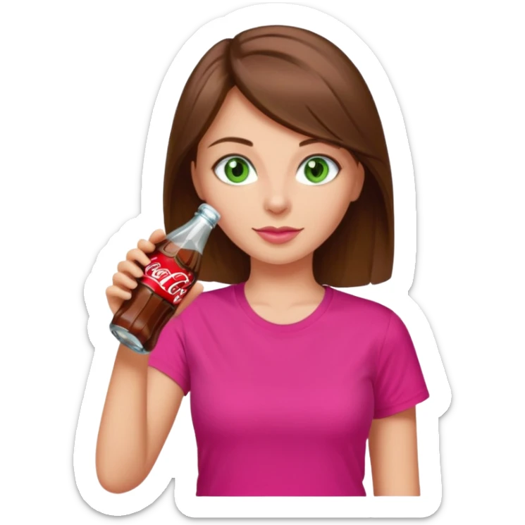 a girl with brown hair and green eyes wearing a hot pink tshirt, drinking a bottle of coca cola sticker