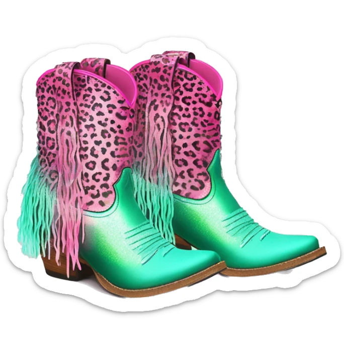 Realistic hot pink to mint green ombre leopard print pair of fashion cowgirl boots with sparkly shiny glitter fringe on them. sticker