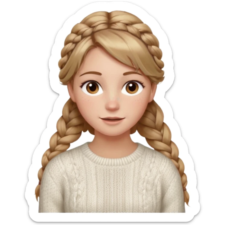 light brown hair blonde hair hazel eyes woman with a white cable knit sweater thatand one braid down her back  with tendrils of hair flowing down her face and she is happy pale, some freckles, blush. she has a cateye wing and long lashes sticker