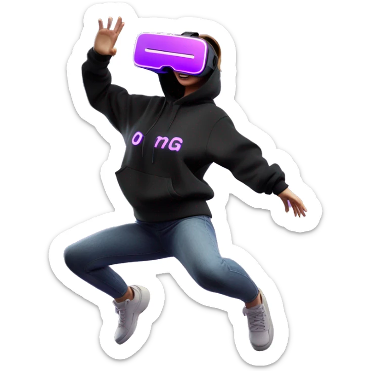 Russian girl wearing black hoody with violet letters "OMG", in vr headset oculus quest2. jumping. Cyberpunk style. Violet neon. sticker