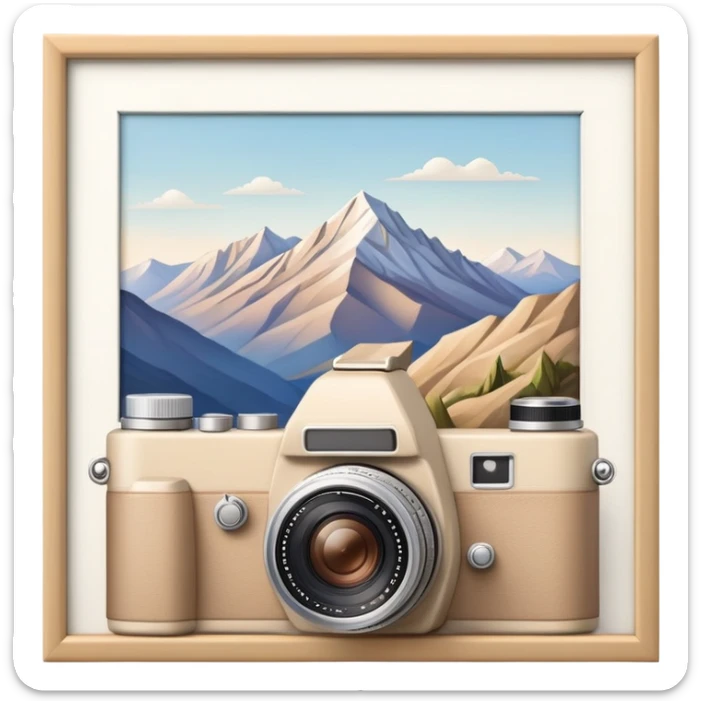 A beige camera and next to it a landscape photograph of the frame behind the camera sticker