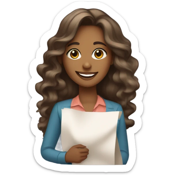 "Young woman with medium brown skin tone, long wavy hair, big sparkling eyes, a radiant smile, wearing a stylish outfit. She is holding a sheet of paper with charts and statistics in the other, looking very beautiful and adorable." sticker