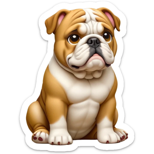 cinematic-[english bulldog]-realistic-full-body-sitting-emoji,-tail-resting-loosely-beside-its-paws,-head-tilted-dramatically,-sleek-[fawn]-fur,-simplified-yet-realistic-focused-features,-highly-detailed,-glowing-with-an-almost-sarcastic-glow sticker