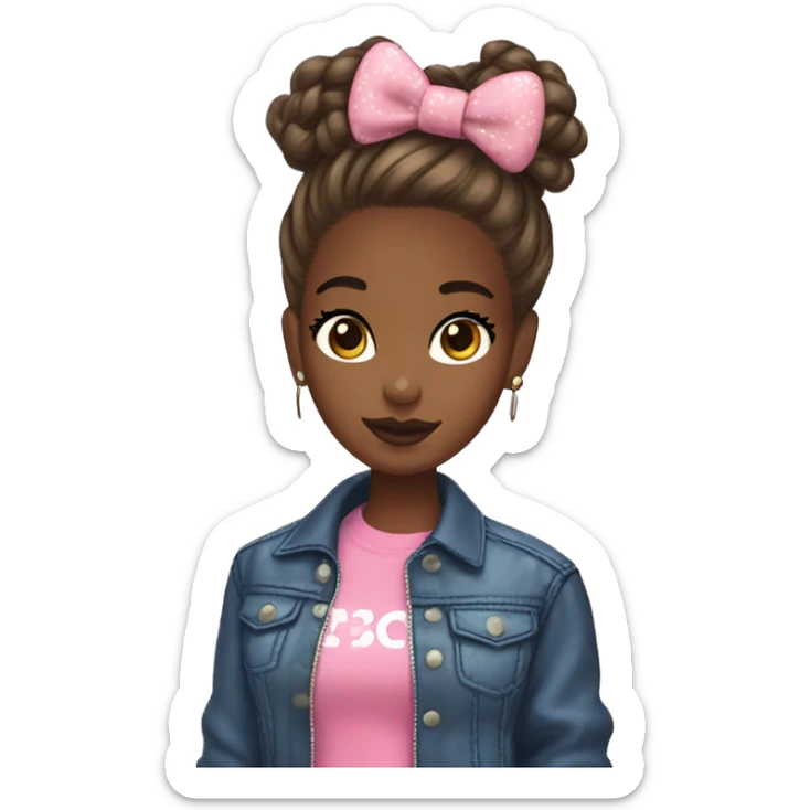 Brown skin girl with a messy bun brown eyes long lashes glossy lips ance and a hello kitty jacket  sticker