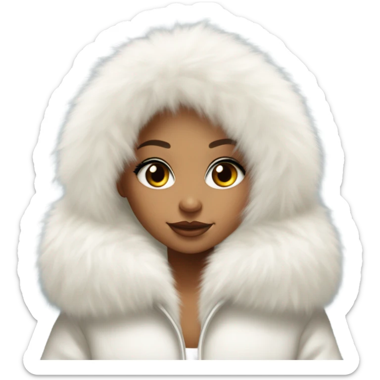 Tanned Girl with lashes , platinum blonde hair, in an extremely big fluffy oversized white fur coat with hood on. The fur is real and it’s very obvious big and fluffy like in Pinterest  sticker