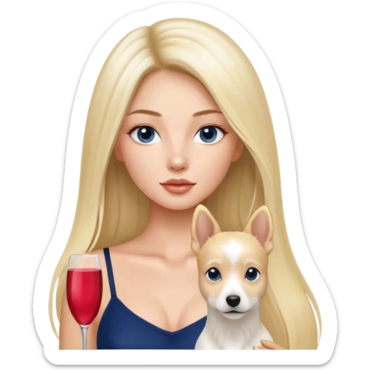 Victoria’s Secret model with long light blonde straight balayage hair, dark blue almond and small eyes, oval face, small lips, skinny long waist, firm legs, White Spaghetti top, with a White belgian dog  sticker