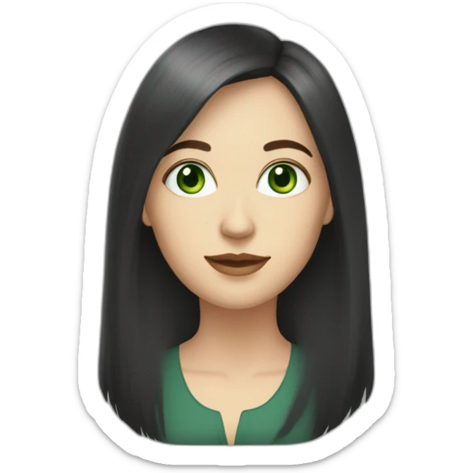 40 year old white woman with green eyes and long dark hair and a fringe and oval shape face sticker