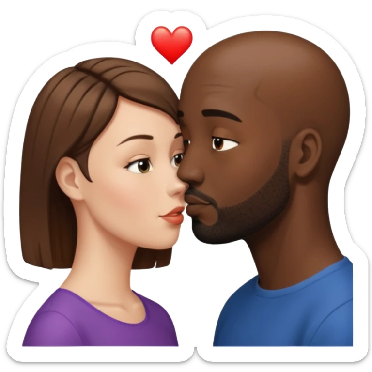a white woman with short brown hair and a black man with no hair and a beard are facing one each other and the woman is giving a kiss to the man's forehead sticker