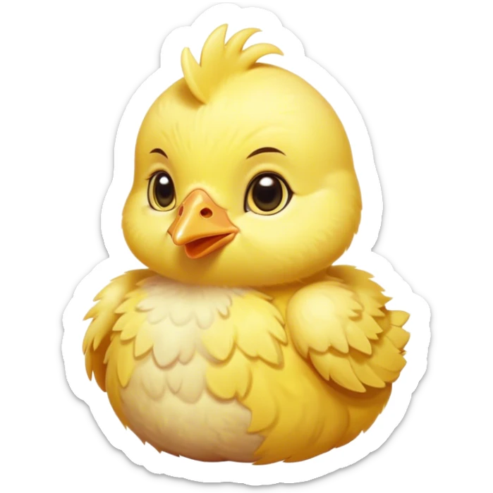 Cinematic Noble Yellow Baby Chicken Portrait Emoji, Poised and regal, with a tiny, fluffy build and a vibrant, well-groomed bright yellow downy coat, deep-set soulful beady eyes, Simplified yet sharp and sophisticated features, highly detailed, glowing with a soft, dignified glow, high shine, intelligent and charming, stylized with an air of youthful elegance, focused and attentive, soft glowing outline, capturing the essence of a watchful and confident little chick, so majestic it feels as though it could peep out of the screen with effortless authority! sticker