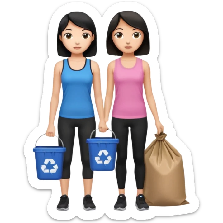 generate a genmoji of a black haired girl in a pink tank top and black leggings holding a black trash bag. Standing with her is a brunette girl in a similar blue tank top and black leggings.
Standing in front of a dustbin sticker