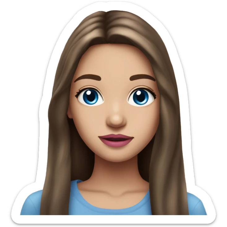 Beautiful teenage girl, long hair, brunette, blue eyes, pink lip color sticker