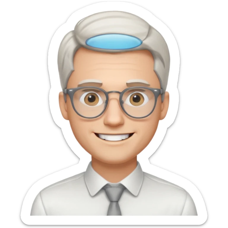 30 yr old pale white man, white/grey side swept stylish hair, round glasses, big smile, white teeth, handsome, longer hair, thin glasses, white dress shirt, smooth forhead sticker