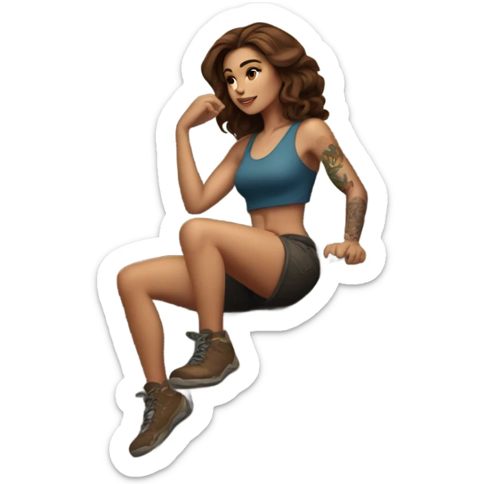 Beautiful tattooed woman brown hair climbing rocks sticker