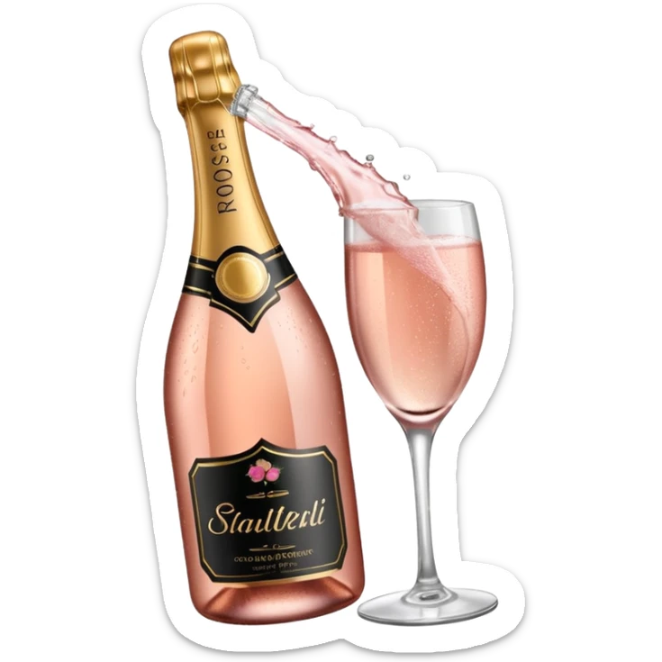 bottle of sparkling rose champagne tilted up and to the right sticker
