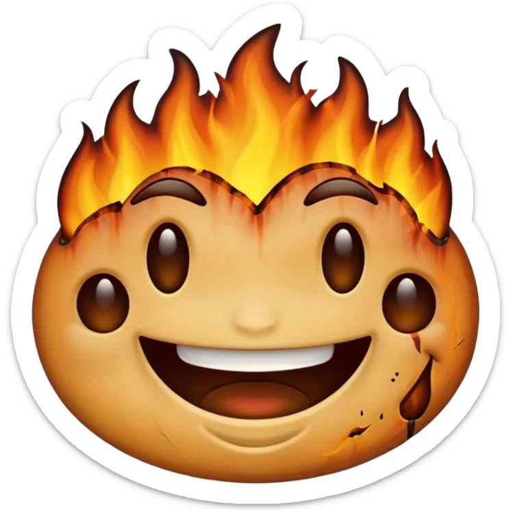 A emoji with half of his face where his left eyes at is burnt with the emoji having a big grin sticker