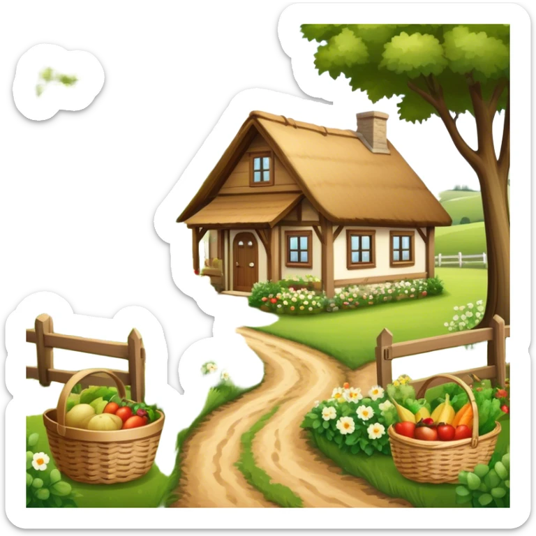 Icon for Rural Tourism: a peaceful countryside scene with a wooden cottage, a dirt path, grazing animals, and a basket of fresh produce. The icon should represent the tranquility and charm of rural life. Transparent background. sticker