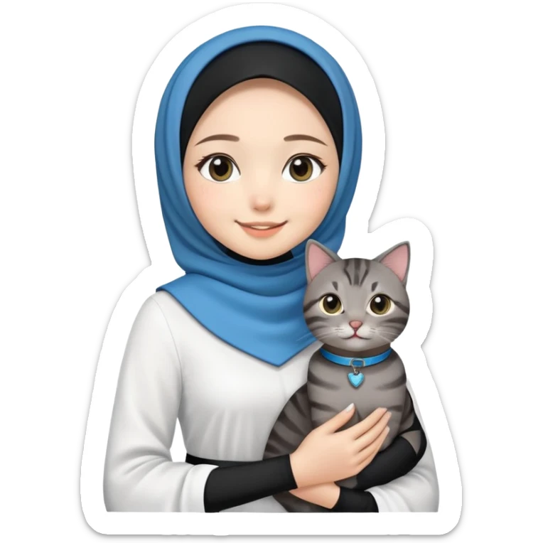 Asian White girl wearing black hijab and white dress holding a black grey tabby cat while smiling.  The cat is wearing a blue collar sticker